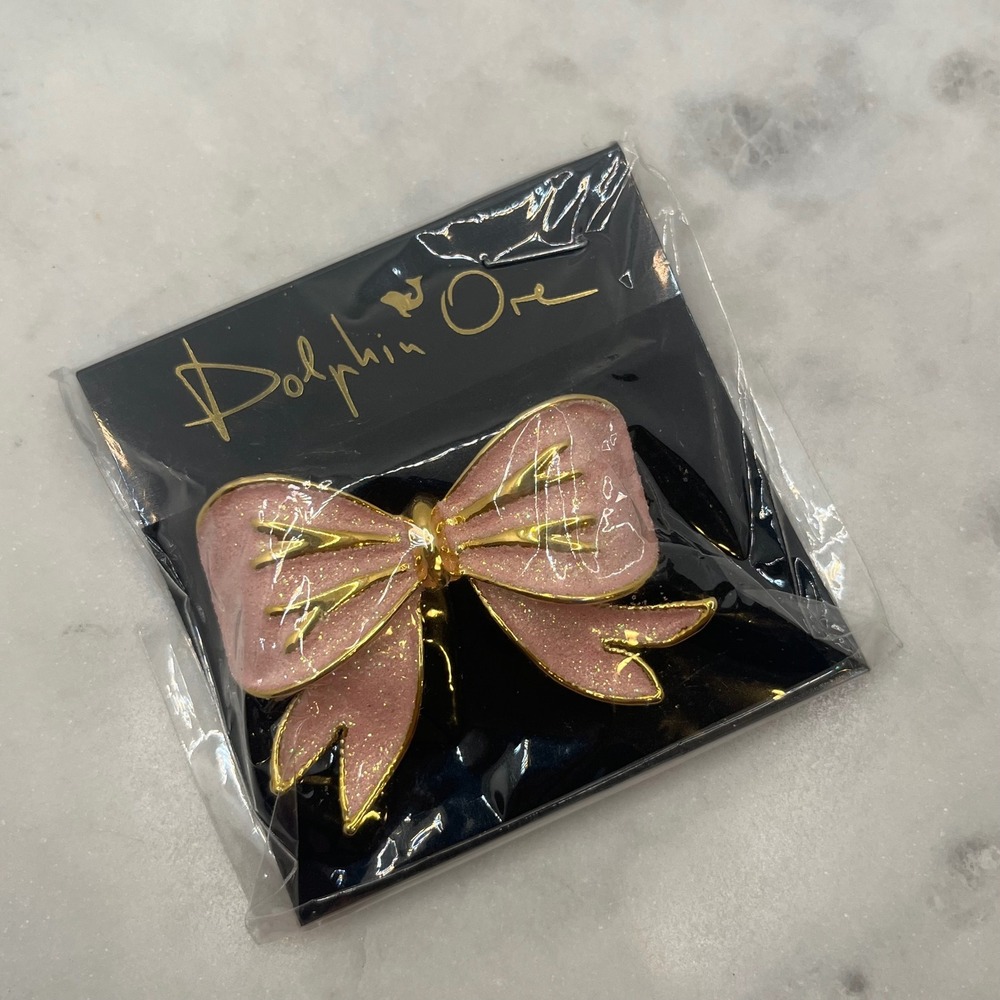 Pink Bow Brooch Pin Gold Plated Glitter Statement Vintage Dolphin Ore Enamel New